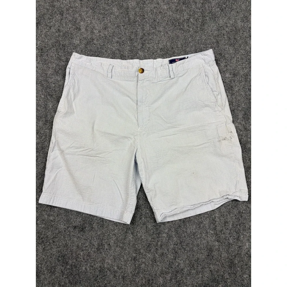 Vineyard Vines M 40 Seersucker Shorts Blue Wht Striped Cotton Stretch 9in- FLAWS